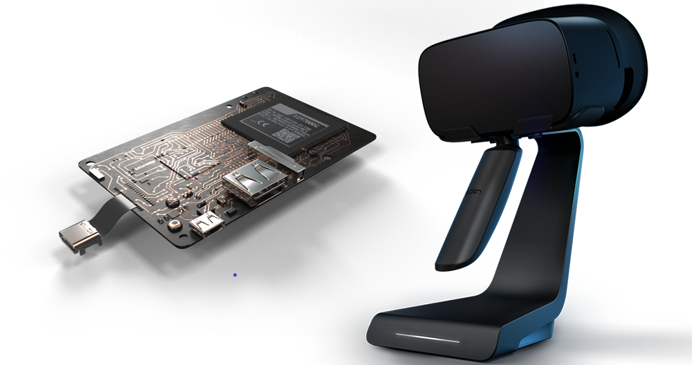 The Snacker handheld VR headset with accompanying tablet, from Eden Immersive