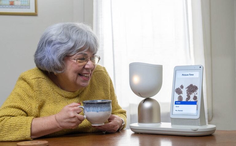 ElliQ 3.0 converses with Gloria over coffee.