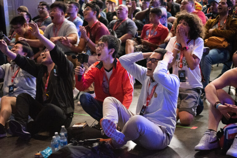 The crowd reacts to a match during Evo 2019 in