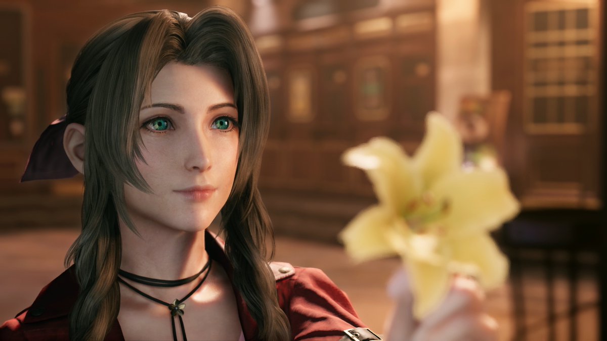Aerith offers Cloud a flower in the upcoming FF7 Remake.