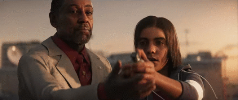"El Presidente" Anton Castillo (left) and his son talk about power in Far Cry 6. Actor Giancarlo Esposito plays Castillo.