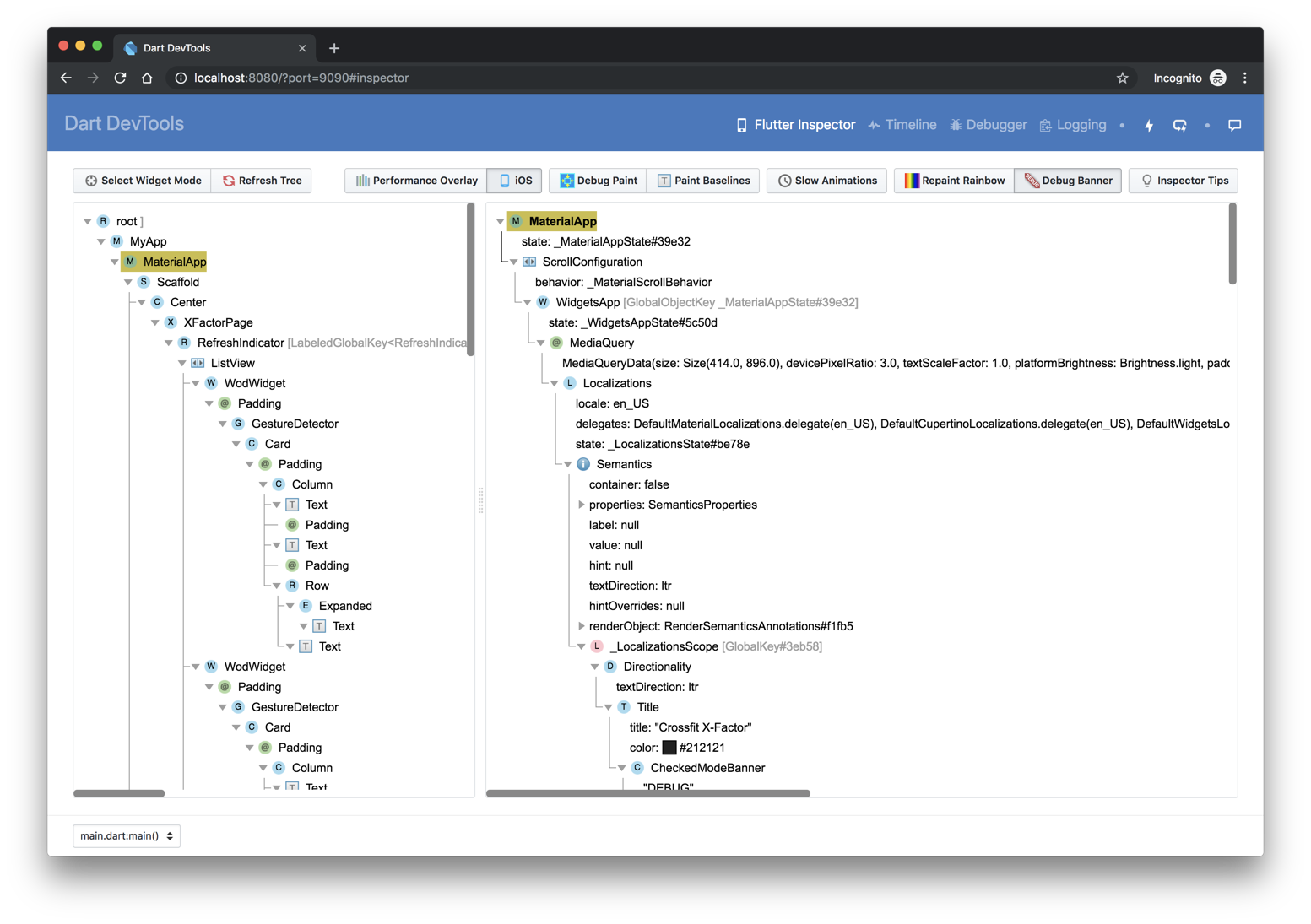 A screenshot of Flutter Dart DevTools