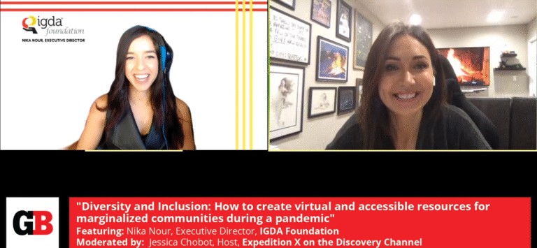 IDGA executive direvtor Nika Nour (left) moderator Jessica Chobot discuss "Diversity and Inclusion: How to create virtual and accessible resources for marginalized communities during a pandemic" at GamesBeat Summit 2020.