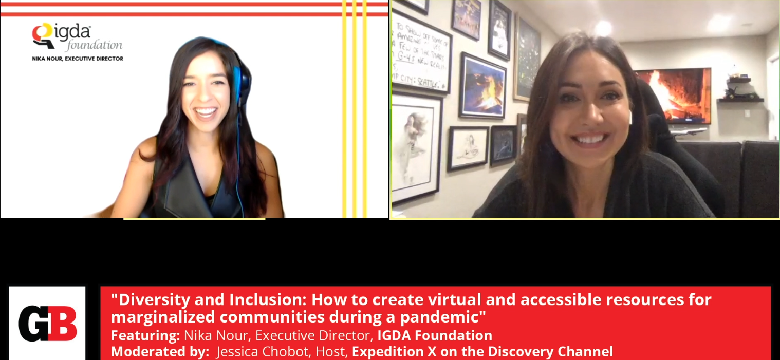 IDGA executive direvtor Nika Nour (left) moderator Jessica Chobot discuss "Diversity and Inclusion: How to create virtual and accessible resources for marginalized communities during a pandemic" at GamesBeat Summit 2020.