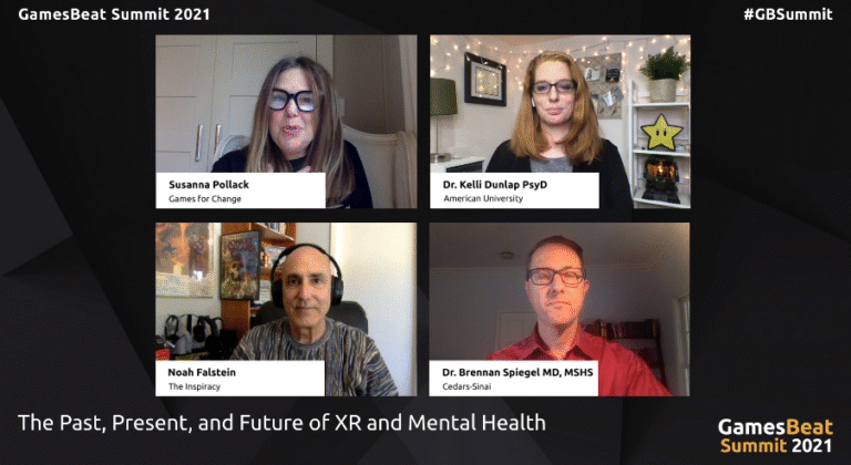 Can VR help mental health? Panelists such as Dr. Brennan Spiegel of Cedars-Sinai Medical Center (lower right) in Los Angeles, game design consultant Noah Falstein (lower left), clinical psychologist Dr. Kelli Dunlap (upper right), and Susanna Pollack (the moderator and president of Games For Change).