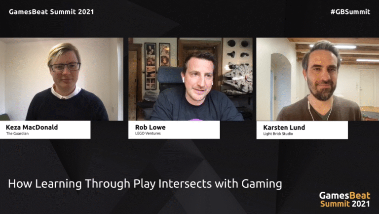 Rob Lowe (middle) of Lego Ventures, Karsten Lund (left) of Light Brick Studio, and moderator Keza MacDonald of the Guardian discuss how the Lego Idea is at the heart of video gaming.