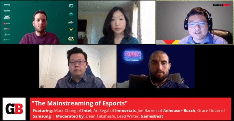 "The Mainstreaming of Esports" panel includes Mark Chang of Intel; Ari Segal of Immortals, Joe Barnes of Anheuser-Busch; Grace Dolan of Samsung; and moderator Dean Takahashi