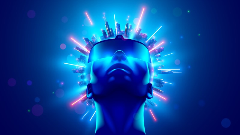VR and AR technology futuristic concept. Person wearing 3d VR headset glasses looks up in cyberspace of metaverse.