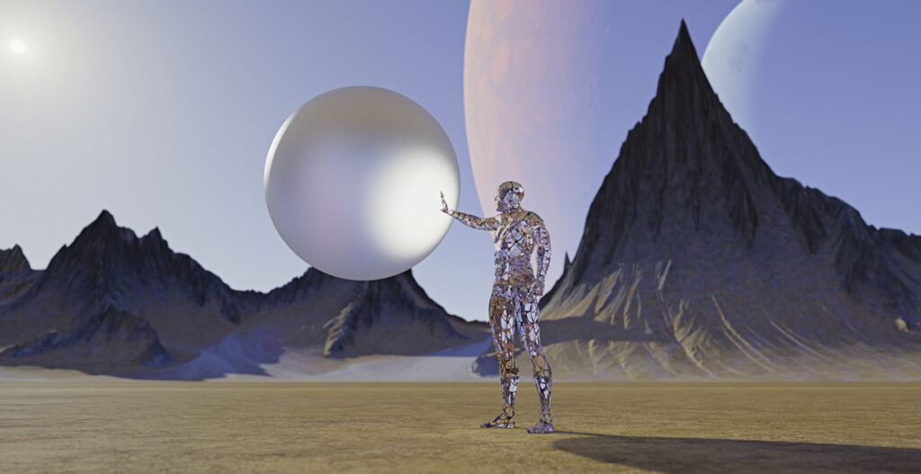 Transparent futuristic man holding sphere