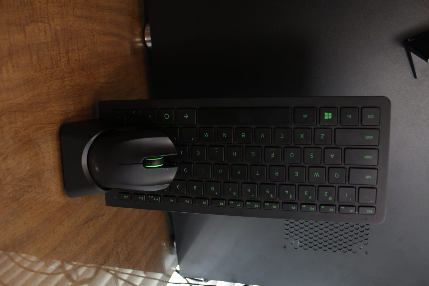 The keyboard and mouse on the charging dock.
