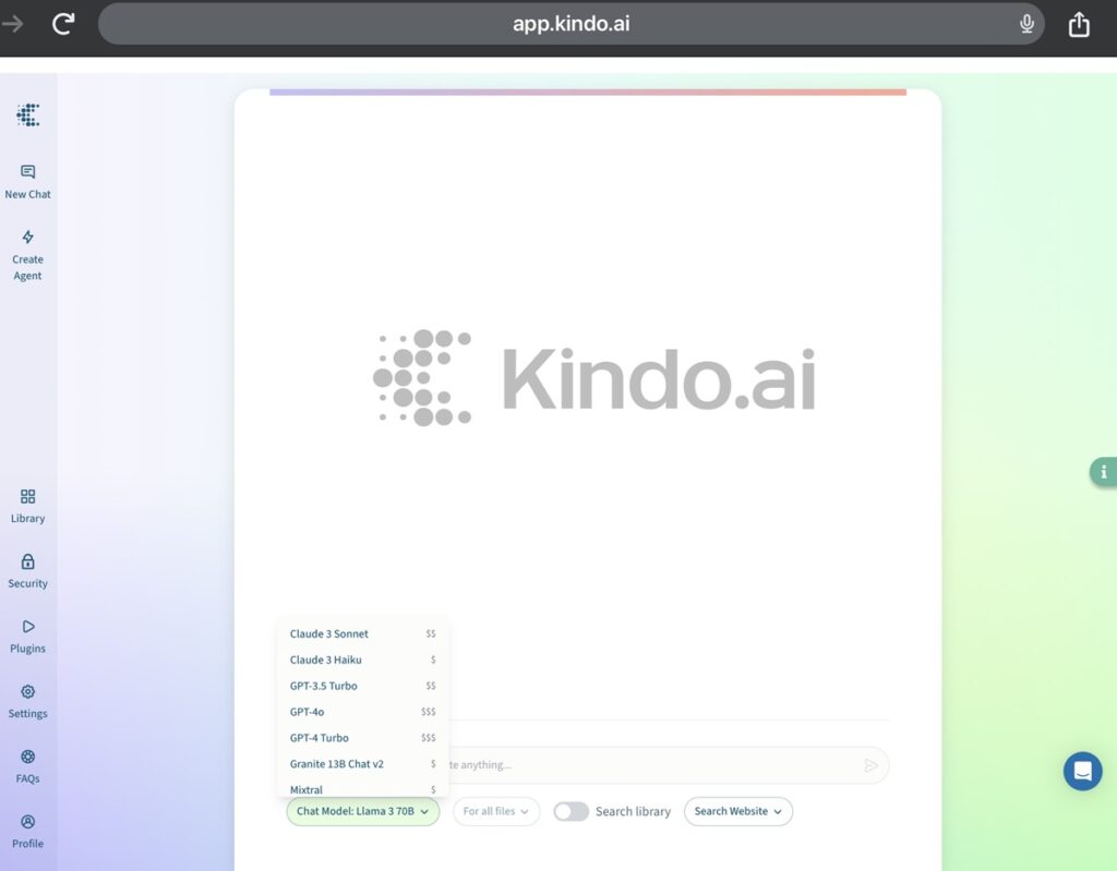 A Kindo screenshot showing how employees can chat with any model allowed while everything is fully controlled by IT & security.