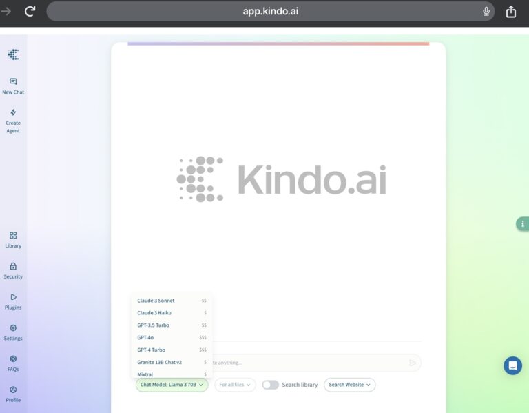 A Kindo screenshot showing how employees can chat with any model allowed while everything is fully controlled by IT & security.