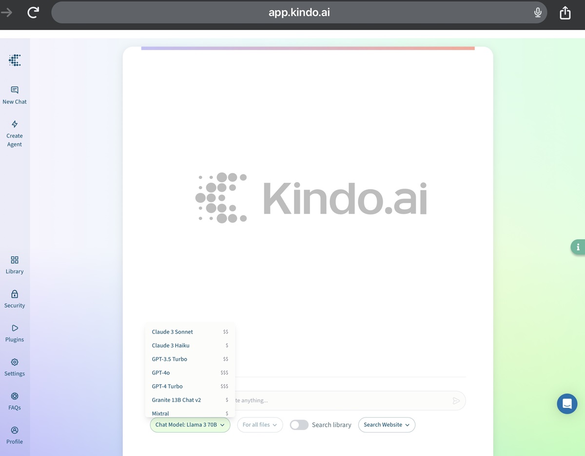 A Kindo screenshot showing how employees can chat with any model allowed while everything is fully controlled by IT & security.
