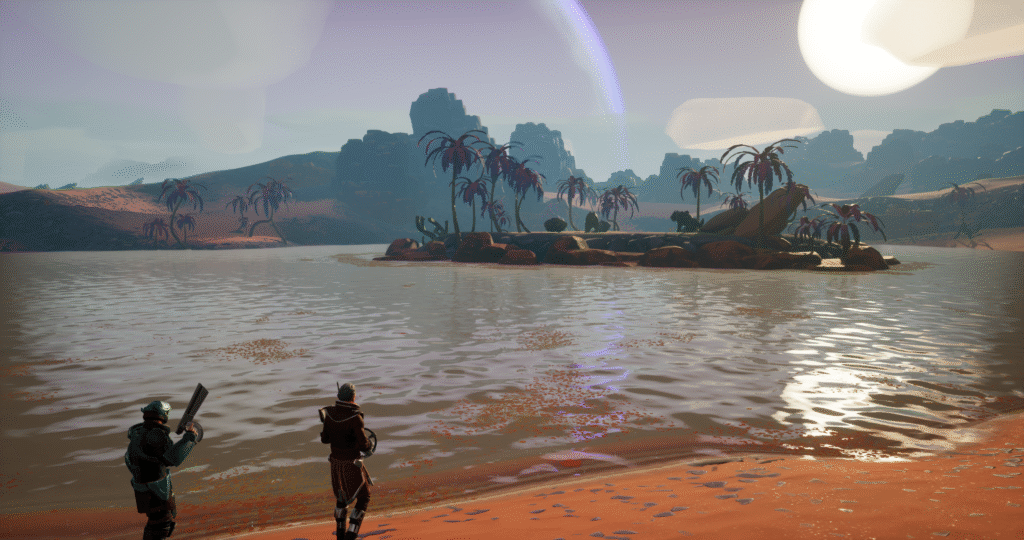 Two figures stand on a beach, looking at a tropical island in a screenshot from the game Life Beyond
