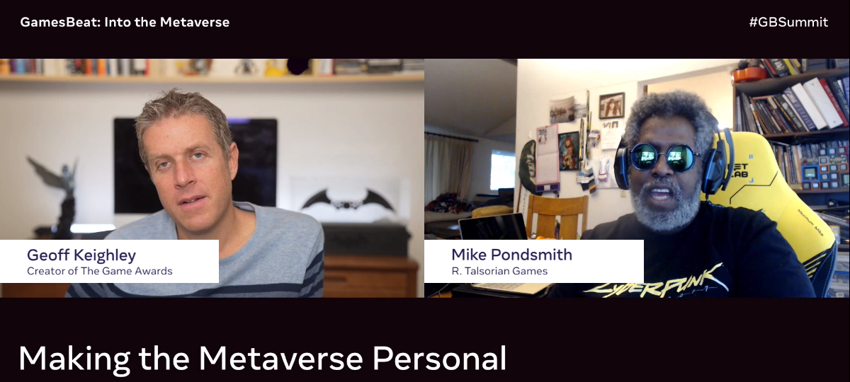 The Game Awards organizer Geoff Keighley (left) dives into the metaverse with Mike Pondsmith, the creator of the Cyberpunk RPG and a noted game designer.