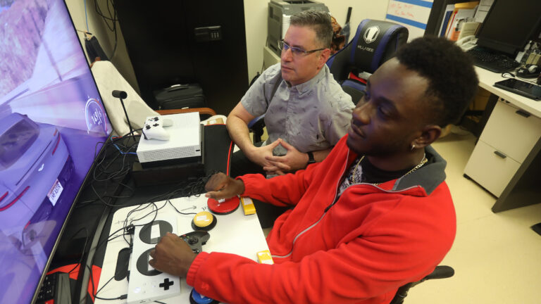 U.S. Army veteran Mike Monthervil plays with the Xbox Adaptive Controller.