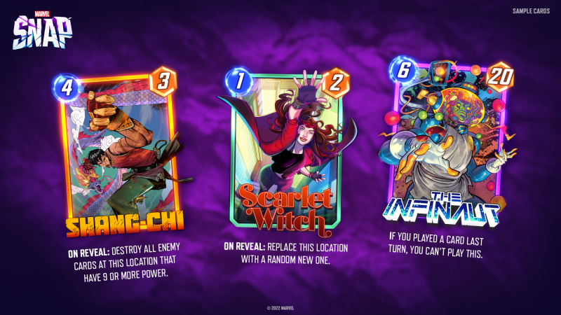Multiple cards from Marvel Snap.