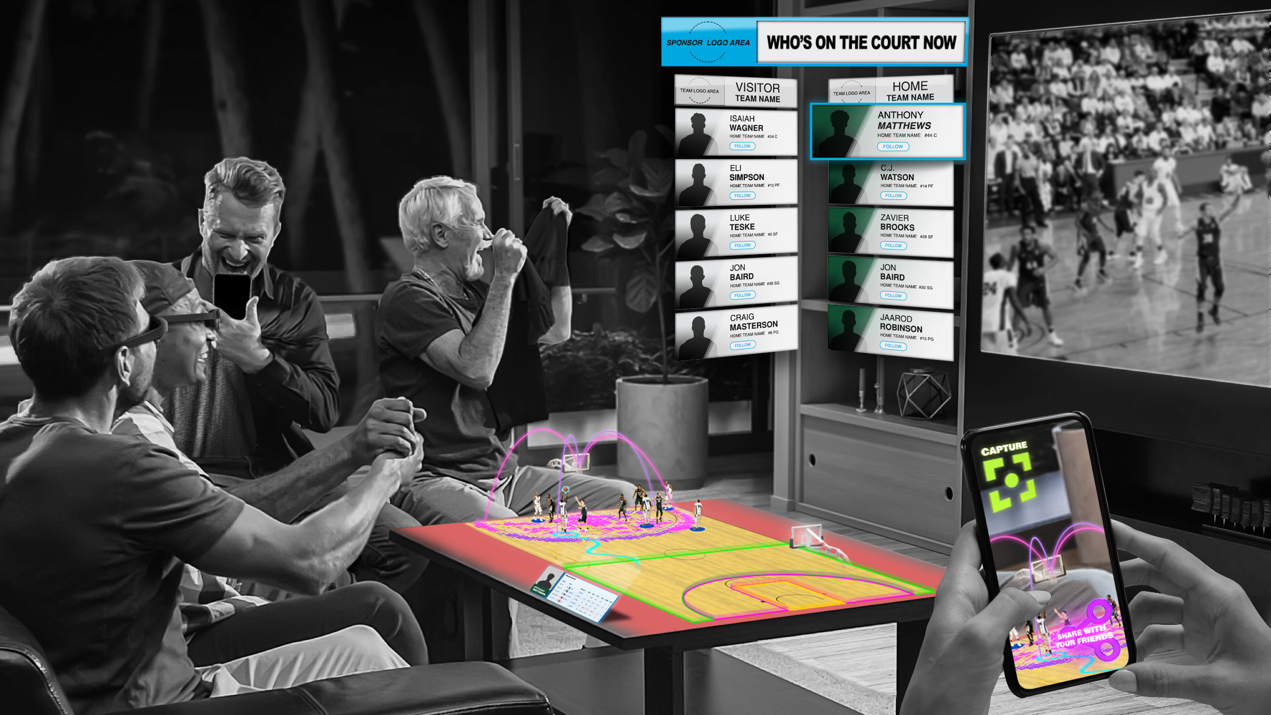 Quintar's Q.reality platform is an AR enhancement for sports, which can project a field on your tabletop at home or add stats and graphics to an event you're watching. You can even share it.