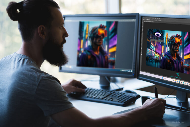 Web graphic design. Creative illustrator drawing with stylus on digital art board. Mockup double screen background. Copy space.