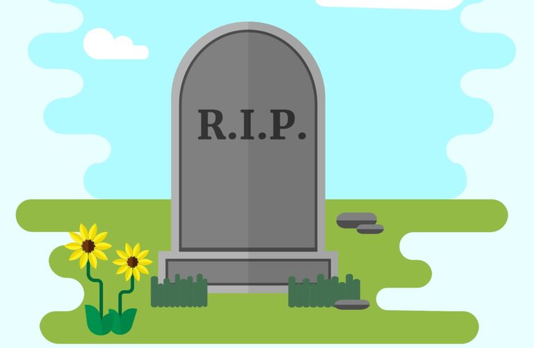 Illustration of gravestone on green grass with flowers.