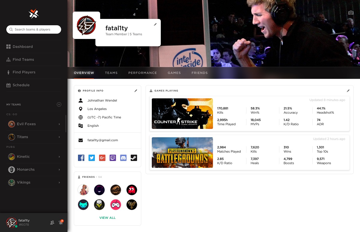 ReadyUp profile page for Johnathan "Fatal1ty" Wendel.