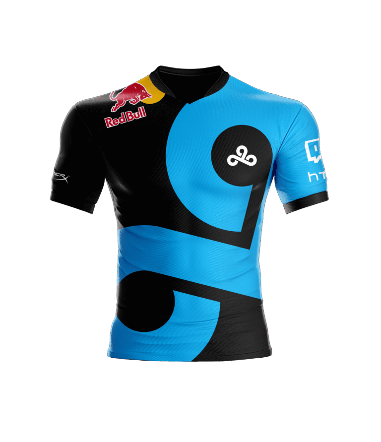 A mockup of a Cloud9 jersey featuring the Red Bull logo.