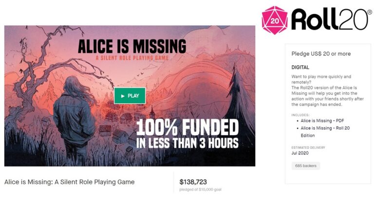 Roll20's Alice is Missing was funding within three hours on Kickstarter.