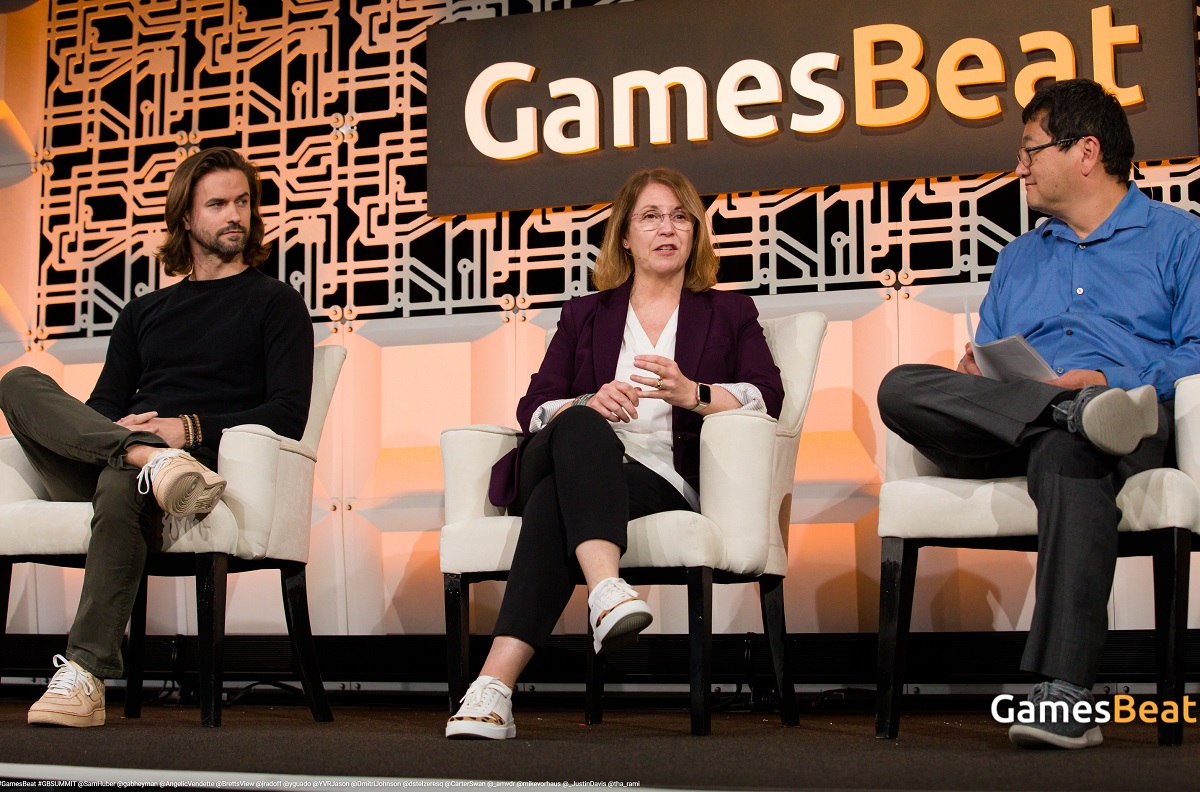 Spectrum Labs' Justin Davis (left), Together Labs' Maura Welch, and Dean Takahashi.