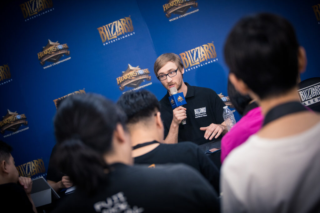 Hearthstone esports lead Sam Braithwaite during a press conference.