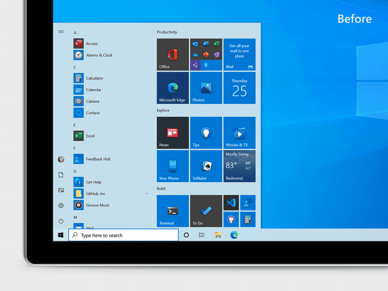 Windows 10 version 20H2 start menu