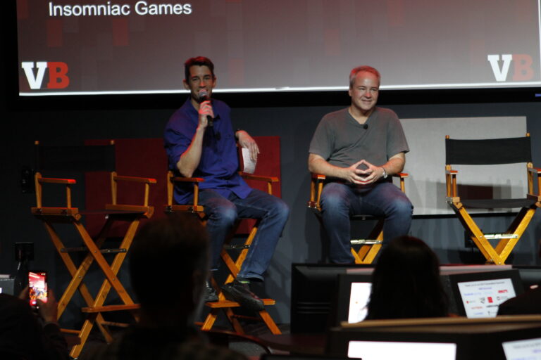 Insomniac Games' Ted Price interviews Respawn Entertainment's Vince Zampella (right) at the GamesBeat Summit.