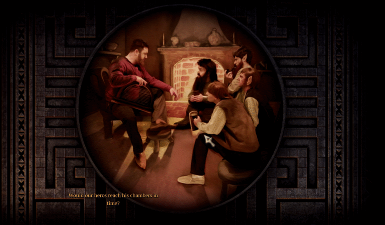 The Bard introduces different scenes depending on where you are in the story.