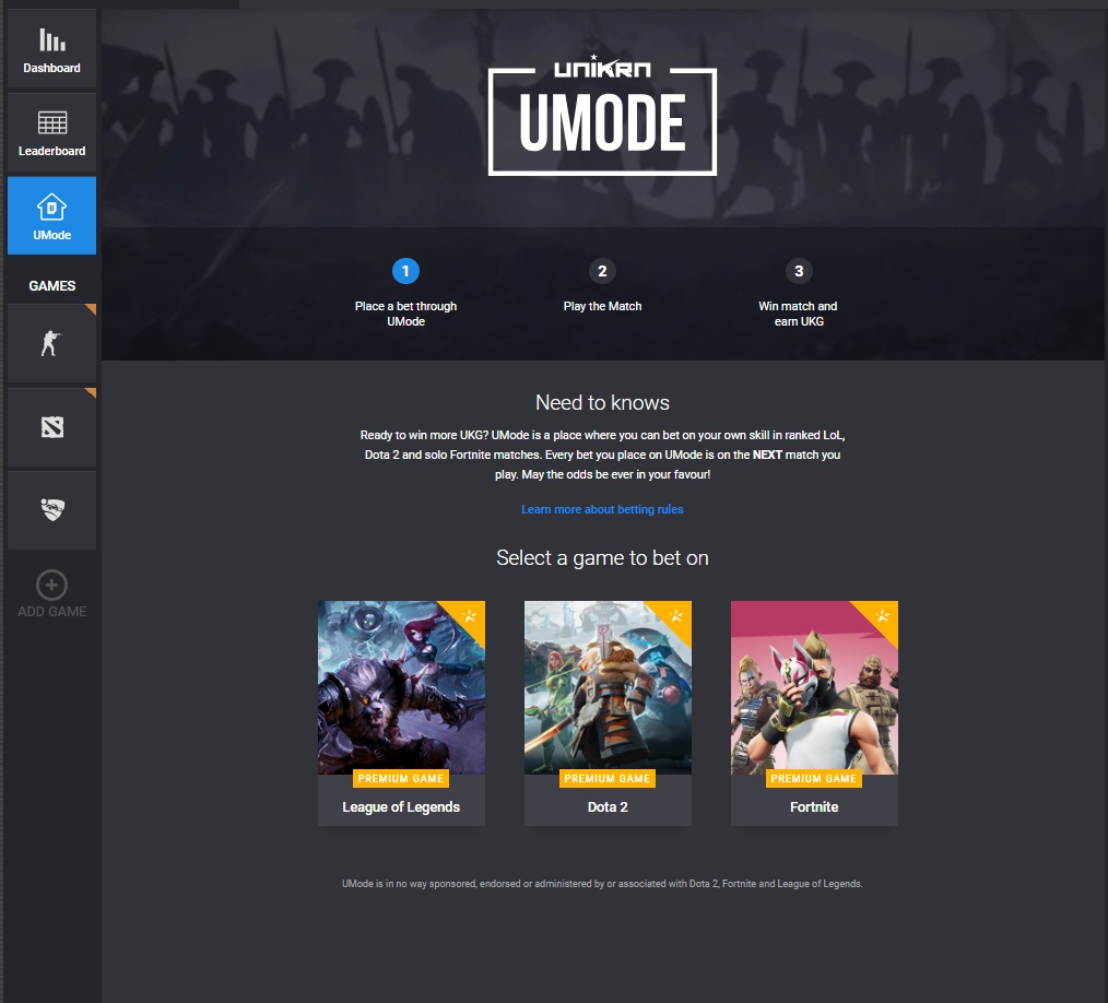 Unikrn's Umode lets you get on games.