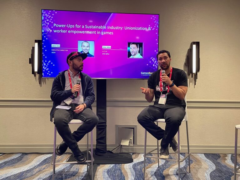 IGDA's Jakin Vela (left) and actor Zeke Alton at GamesBeat Summit 2024.