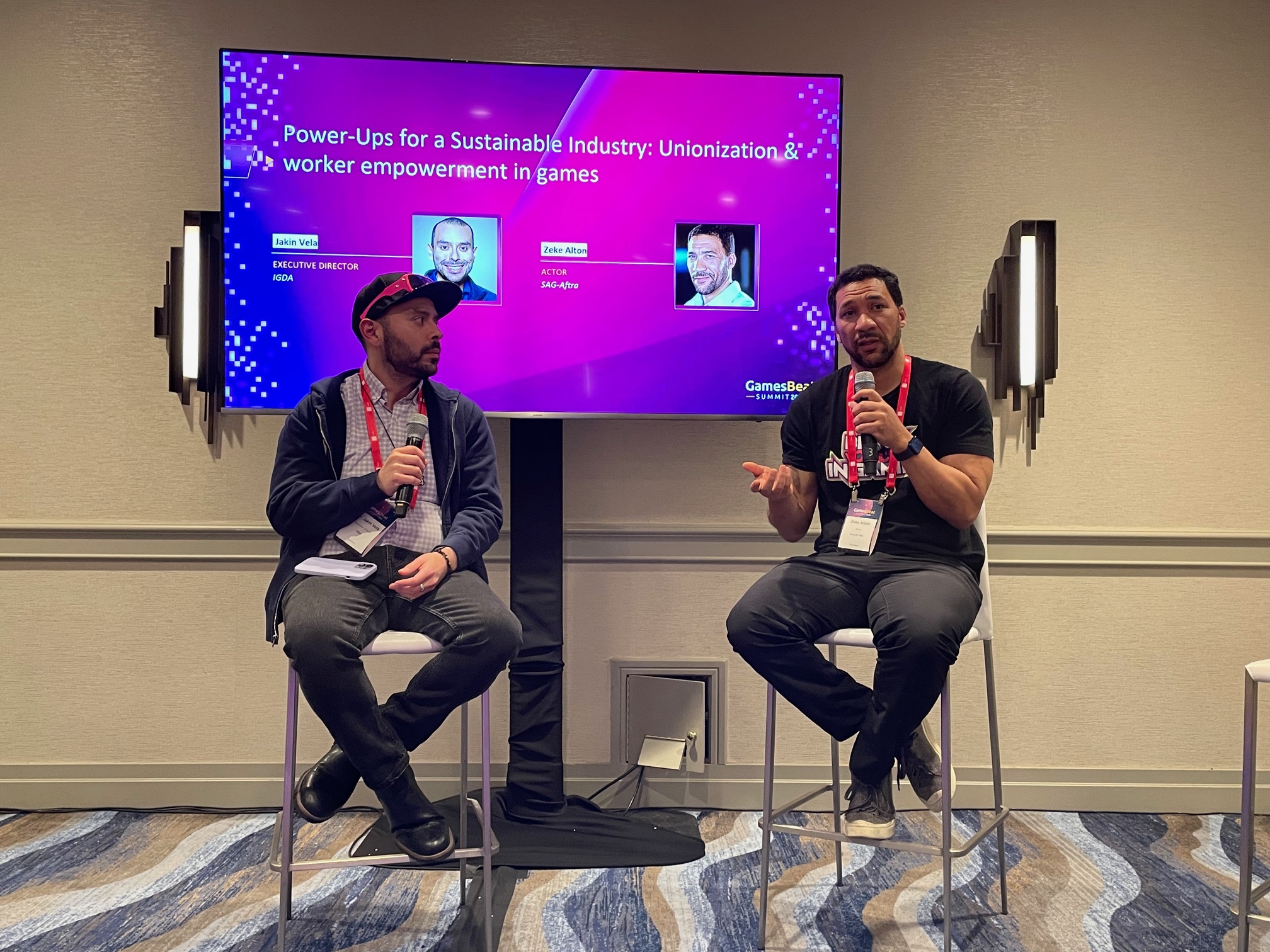 IGDA's Jakin Vela (left) and actor Zeke Alton at GamesBeat Summit 2024.