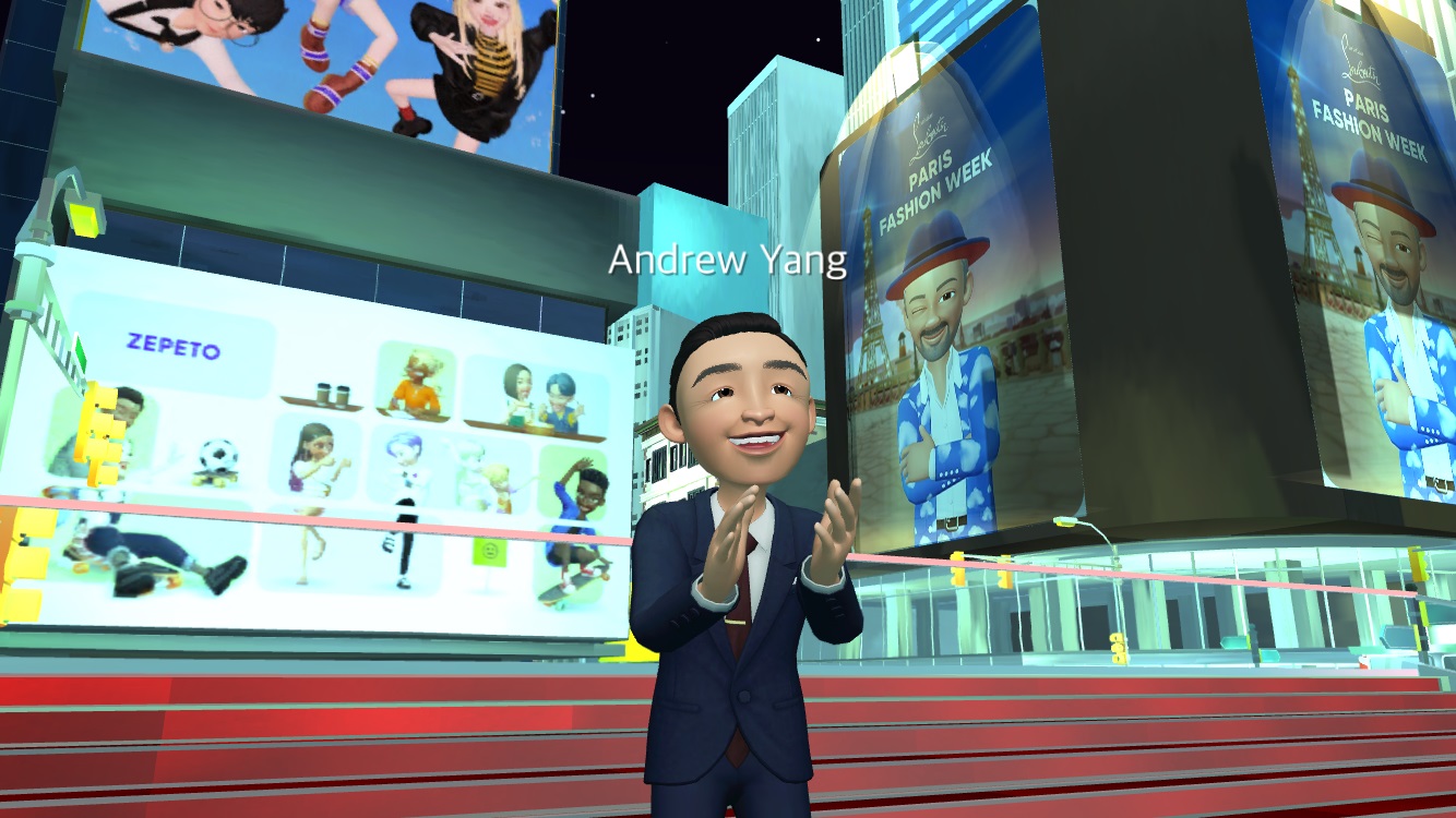 Andrew Yang in the Times Square area of Zepeto's metaverse.