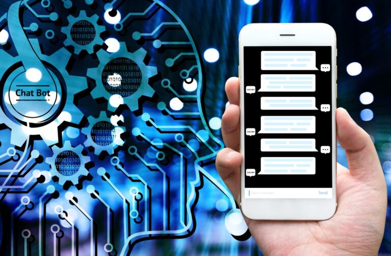illustration of stylized human head filled with gear symbols on the left and a smartphone on the right, representing AI, chatbots, conversational ai