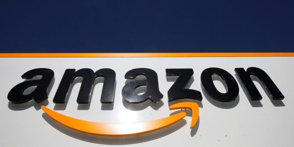 The Amazon logo at the company logistics centre in Boves, France, September 18, 2019.