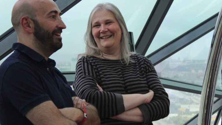 Ivan Fernandez Lobo and Amy Hennig at Gamelab reception.