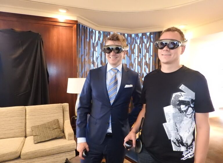 Tommy Palm, CEO of Resolution Games, and Sami Ronkainen, Rovio creative director, show off the Magic Leap One Creator Edition.