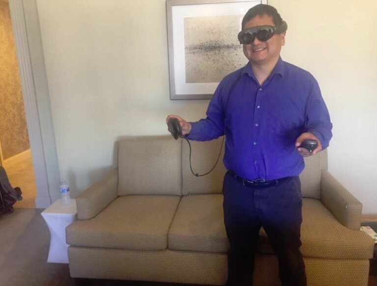 Dean Takahashi shows off the Magic Leap One Creator Edition augmented reality goggles.