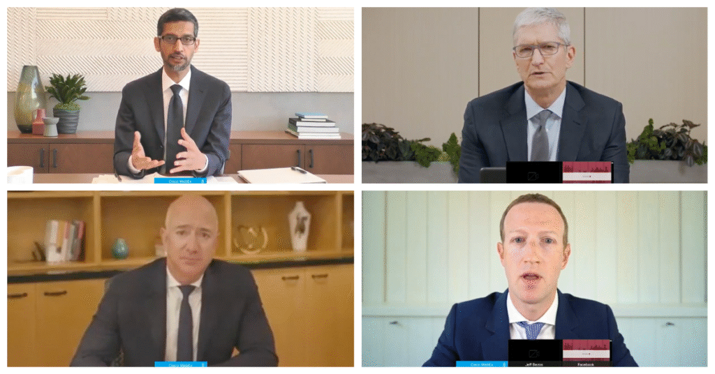 Google CEO Sundar Pichai, Amazon CEO Jeff Bezos, Apple CEO Tim Cook, and Facebook CEO Mark Zuckerberg speak before a July 29, 2020 House Judiciary committee meeting.