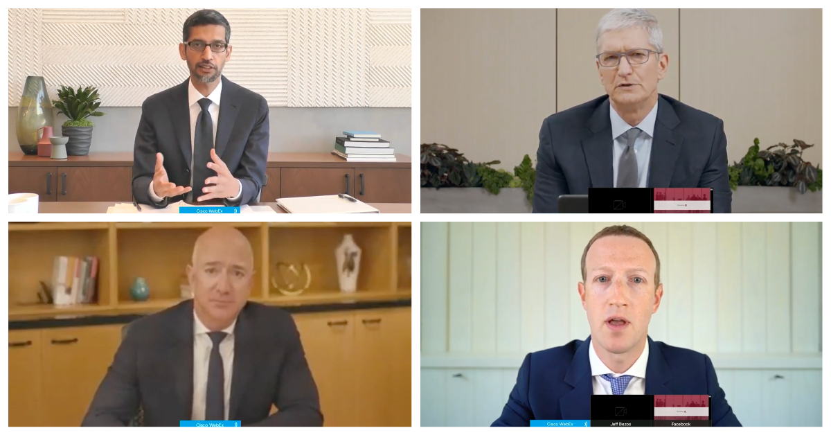 Google CEO Sundar Pichai, Amazon CEO Jeff Bezos, Apple CEO Tim Cook, and Facebook CEO Mark Zuckerberg speak before a July 29, 2020 House Judiciary committee meeting.