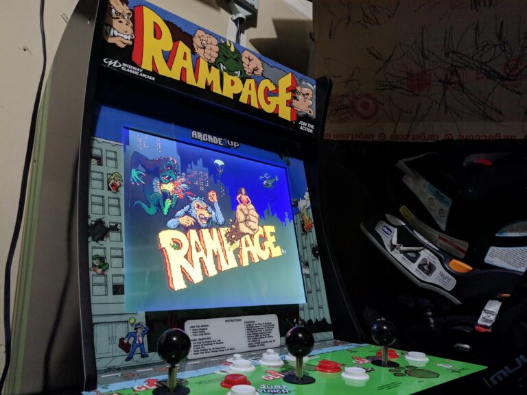 The Arcade1Up in a garage.