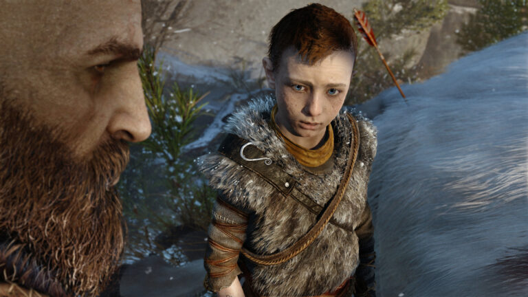 The game's hero looks up at the character he must protect.