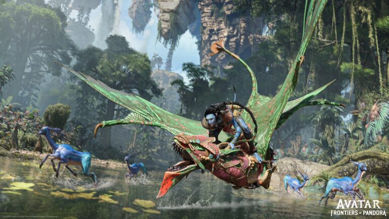 Soaring with an Ikran mount in Avatar: Frontiers of Pandora.