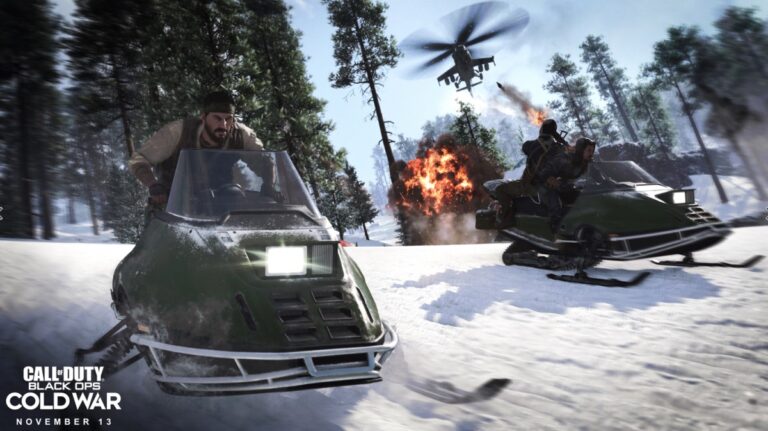 Frank Woods rides a snowmobile in Call of Duty: Black Ops -- Cold War.