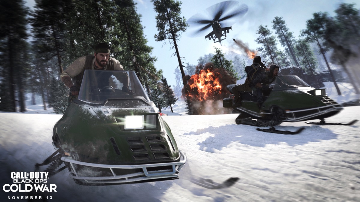 Frank Woods rides a snowmobile in Call of Duty: Black Ops -- Cold War.