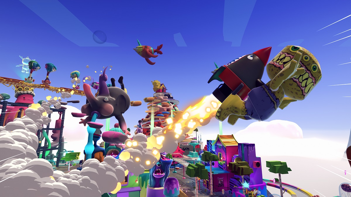 Flying with a jet pack in Blankos Block Party.