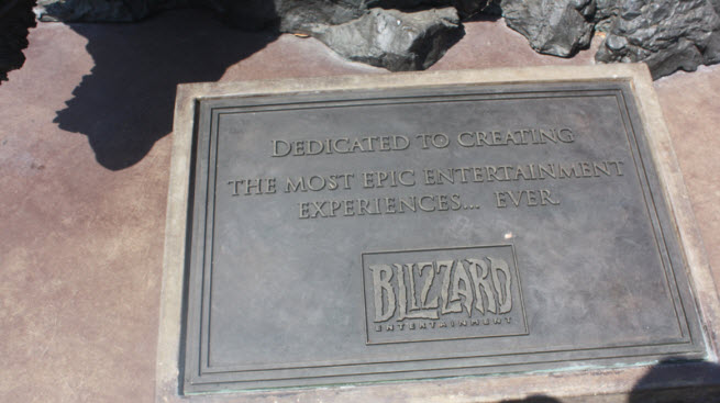 The plaque on the statue at Blizzard's headquarters shows the company's focus on gamers.